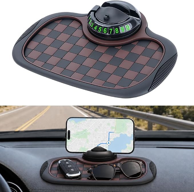 Multifunctional Car Anti Slip Mat, 360° Rotatable Phone Holder Dashboard Pad with Temporary Parking Number, Anti Skid Organizer for Phones Sunglasses Keys (Black & Brown)