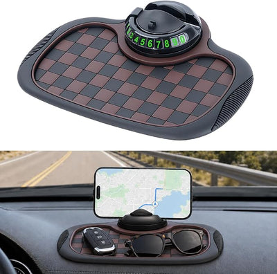 Multifunctional Car Anti Slip Mat, 360° Rotatable Phone Holder Dashboard Pad with Temporary Parking Number, Anti Skid Organizer for Phones Sunglasses Keys (Black & Brown)