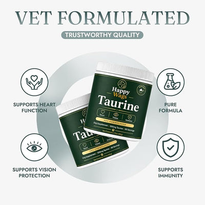 Happy Wags Taurine for Dogs - 500mg Taurine Powder Supplement for Heart, Vision, Immune & Healthy Aging Support, Tasteless Daily Dog Supplement, 100 Grams