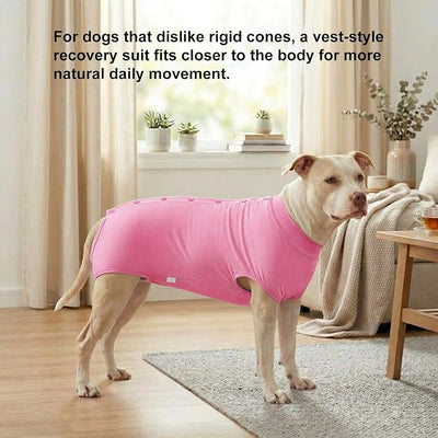 LovinPet Dog Recovery Suit, Easy Snap-Back Cover for Large Dogs, Bodysuit for Female Dogs, Solid-Color Surgery Suit with Cushioned Belly Panel, Pink, XL