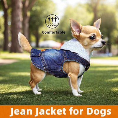 Dog Jeans Jacket with Hooded Denim Pet Coat for Puppy Small Dogs Classic Overalls Male Cat Costumes Washed Vest Clothes Outfit T-Shirts(Hoodie Large)