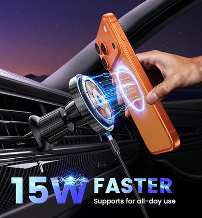 Magnetic Wireless Car Charger Mount, 15W Fast Charging Car Phone Holer for iPhone 17 16 15 14 13 12 Pro Max N52 Magnets,360°Rotation Dashboard/Vent Phone Holder Compatible with Magnetic Case