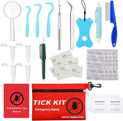 54-in-1 Tick Removal Tool Kit for Humans, Dogs, Cats, Stainless Steel Tick Tweezers, Tick Nippers, Tick Hooks, Tick Twisters, Tick Key, Flea Comb and Waterproof Travel Case for Hiking Camping Travel