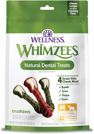Whimzees Wellness Brushzees Natural Dog Dental Treat, VOHC Accepted Chews, Freshens Breath, Medium Size, 12.7 oz Bag, 12 Count