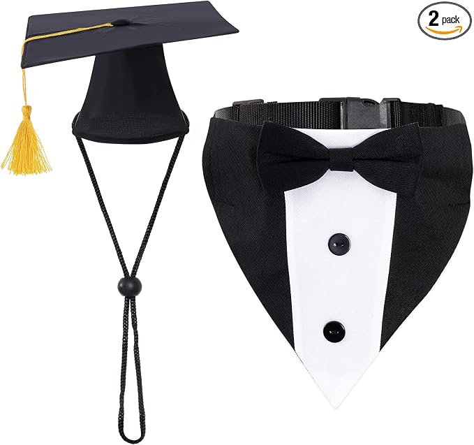 Hoyuwak Dog Graduation Cap Bandana with Bow Tie & Hat, Large Dogs