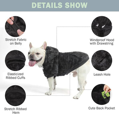 SCENEREAL Fleece Dog Sweaters Hoodie for Small Medium Large Dogs Girls Boys, Plush Fuzzy Dog Clothes Hoodies with Leash Hole, Winter/Fall Puppy Cold Weather Coat, Sherpa Hooded Sweatshirt, Black L