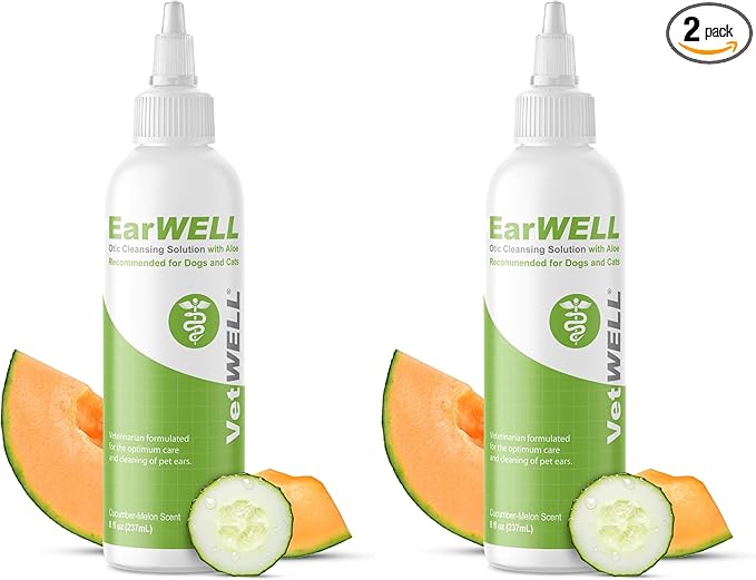 VetWELL Ear Cleaner for Dogs and Cats - Otic Rinse for Infections and Controlling Ear Infections and Odor in Pets - 8 oz (Cucumber Melon) (Pack of 2)