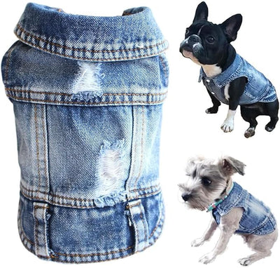 Jean Jacket, Blue Denim Lapel Vest Coat Costume, Dog & Cat T-Shirt Clothes, Cool & Funny Apparel Outfits, Machine Washable for Small & Medium Dogs & Cats (L)
