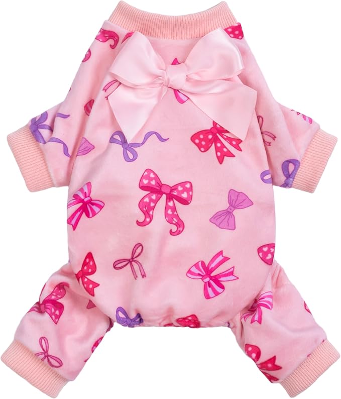 Fitwarm Bowknot Dog Flecce Pajamas, Cozy Valentines Day Outfit for Small Dogs Girl, Cute Pet Clothes, Pink, Red, Purple, Large