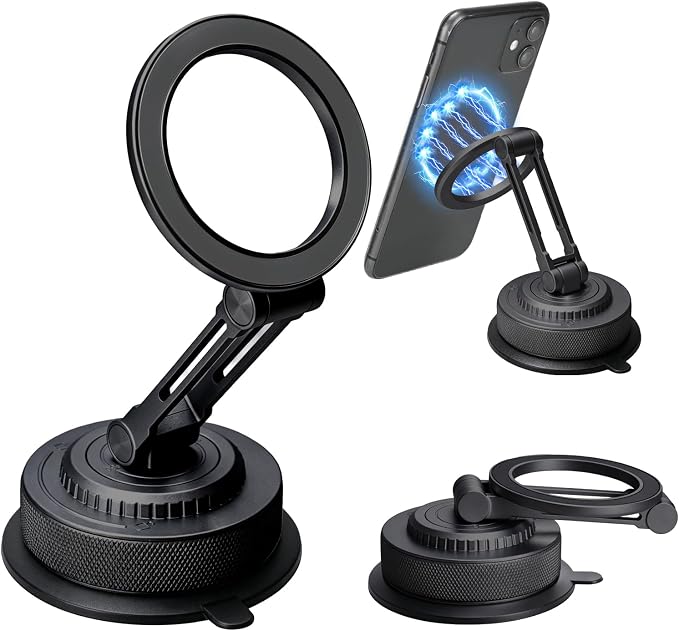 All-Metal Alloy Magnetic Suction Cup Car Phone Mount Holder Dash (Black) | Strong Powerful Magnetic Heavy-Duty Suction Cup Windshield Dashboard Cell Mobile Phone Mount, Vehicle Bracket Holder for Car