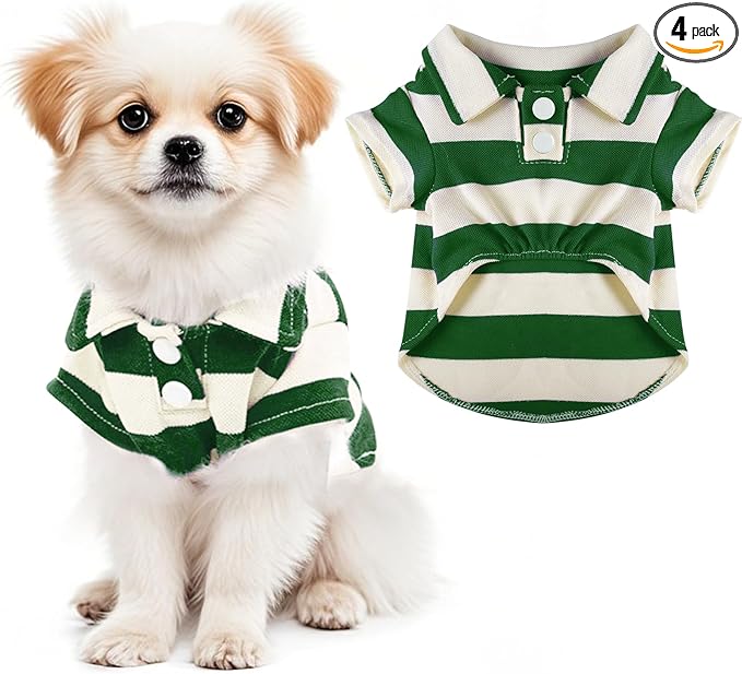 Dog Shirt Polo Shirt Striped Collar Puppy Clothes Summer Button Up Pet Clothes for Small Medium Dogs Cats for Boy Girl Pets (Green, Small)