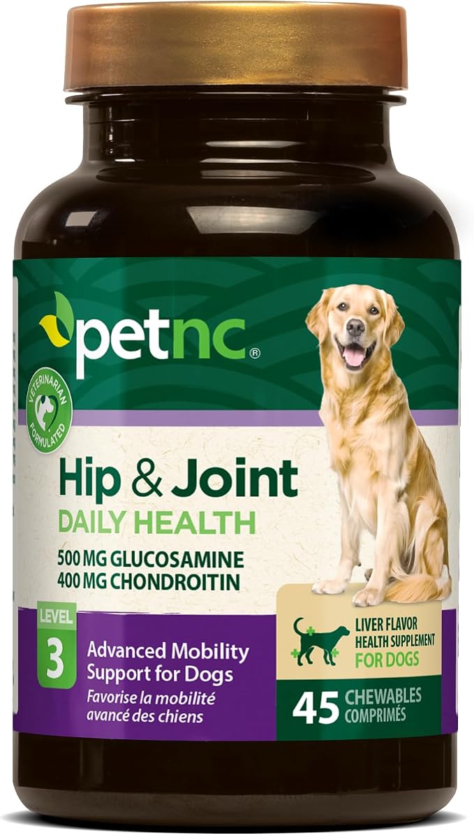 PetNC Level-3 Hip & Joint Health Supplement for Adult Dogs (45 Count), 500mg Glucosamine, 400mg Chondroitin, 50mg MSM, & 6mg Hyaluronic Acid, Includes Vitamin C & Manganese, Liver Flavor