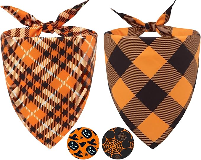 Fall Dog Bandanas 2PCS Halloween Pumpkin Spider Web Small Dog Cat | 2PCS reversible dog bandanas for fall & Halloween & Thanksgiving.Orange plaid/pumpkin/Spider Web design.Fits small dog cat