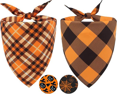 Fall Dog Bandanas 2PCS Halloween Pumpkin Spider Web XLarge Dogs | 2PCS reversible dog bandanas for fall & Halloween & Thanksgiving.Orange plaid/pumpkin/Spider Web design.Fits extra large dog