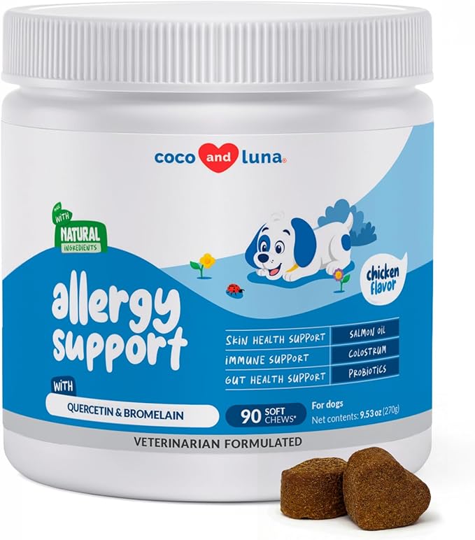 Dog Allergy Relief 90 Soft Chews - Itchy Skin, Immune & Quercetin | With Quercetin, Colostrum, Omega 3 & Probiotics. Relieves itchy skin, ear itching, seasonal allergy & boosts immunity.