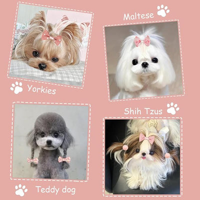 FGISAR 20 Pcs Small Dog Hair Bows with Rubber Bands Handmade Puppy Hair Bows Cute Grooming Flower Ball Bowknot Top Knot Dog Hair Accessories Hair Ties for Yorkie Maltese Pet (Pink) ﻿