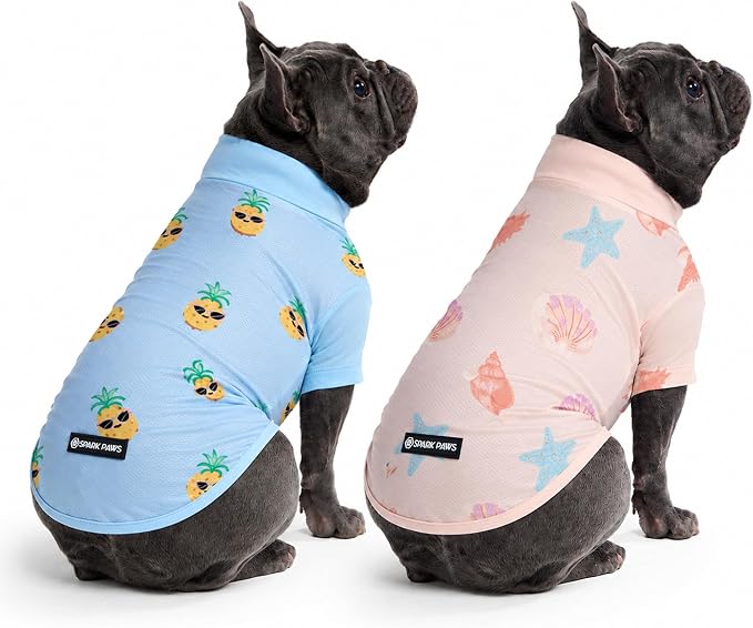 Spark Paws Sunblock Dog T-Shirt, SPF30 Protection, Lightweight Breathable Quick Dry for Dogs with Sensitive Skin - Pineapple & Seashells (Set of 2) - Size XL