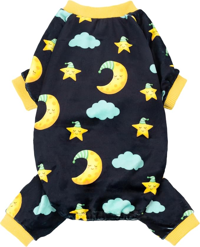Fitwarm Moon and Stars Dog Fleece Pajamas, Cozy Winter Clothes for Small Dogs Boy Girl, Funny Pet Outfit, Black, Yellow, Large