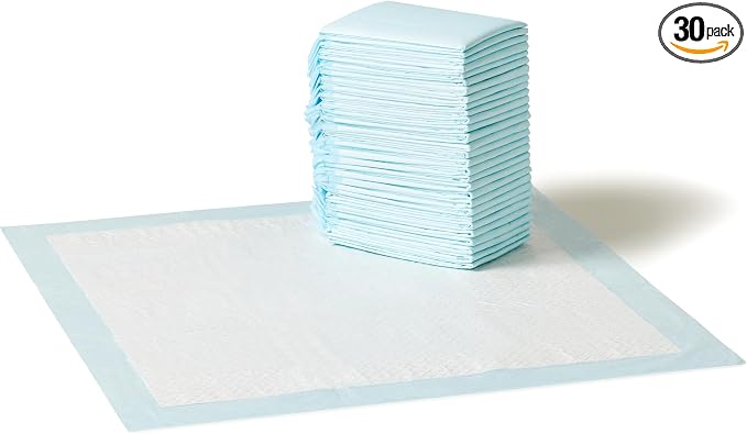 Amazon Basics Scented Dog and Puppy Pee Pads, 5-Layer Leak-Proof Super Absorbent, Quick-Dry Surface for Potty Training, Regular Size 22 x 22 inches, Blue & White, 30 Count