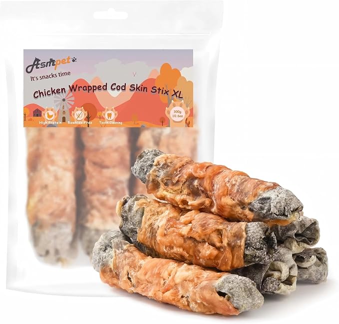 Dog Cod Skin Treats, Chicken Wrapped Cod Skin Sticks, Rawhide Free Dog Treats Chews Bones, Extra Large