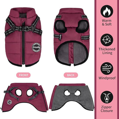 Warm Dog Winter Coat, Dog Cold Weather Jacket with Built-in Harness, Reflective & Adjustable Comfortable Pet Vest, Windproof Apparel for Small Medium Large Dogs (Purple)