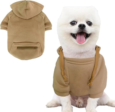 Jecikelon Dog Hoodies for Small Dogs with Zipper Pocket, Soft Fleece Puppy Clothes with Rope Hat, Warm Winter Outfits Cold Weather Coats, Cute Sweatshirt Chihuahua Costume (Khaki, Large)