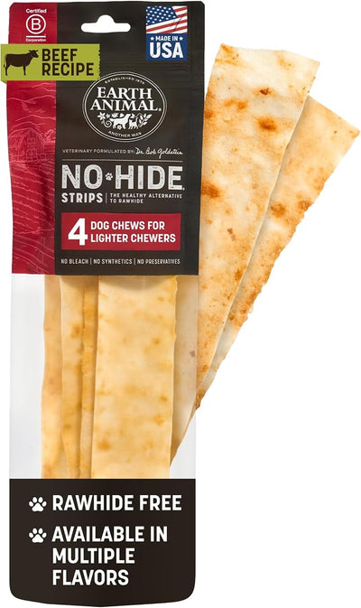 Earth Animal No Hide Strips - Natural Rawhide Free Dog Chew Strips, Beef - 4 Count