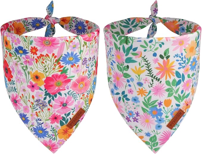 PTDECOR Spring Floral Dog Bandana, Flower Leaves Dog Scarf, Premium Durable Fabric, Adjustable Flower Bandanas for Small Dogs Pets (Small)