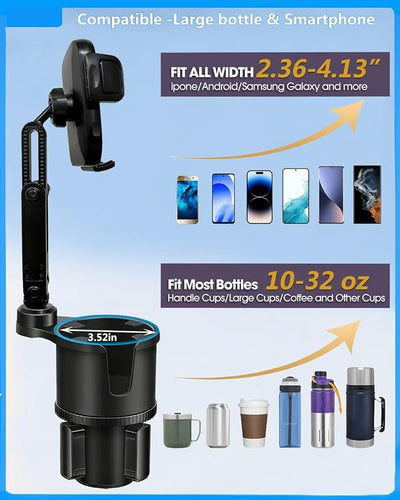 Cup Phone Holder for Car [2 in 1 Upgraded] Universal Car Cup Holder Phone Mount Long Adjustable & Rotatable Arm, Sturdy No-Shake Design, Fit with iPhone 4-7 inches Smartphones & Big Bottle