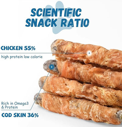 Pawmate Dog Treats Chicken Wrapped Cod Fish Skin Sticks, Healthy High Protein Omega3 Cod Twist Dog Chews Real Chicken Wrap Teeth Cleaning for Large Medium Small Breeds, 10.6 oz