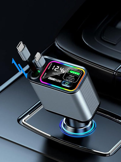 Retractable Car Charger USB C & Lightning, 107W Fast Charging Type-C Car Charger with Built-in Lightning Cable, Compatible with iPhone 17/16/15/Air, Samsung S24/S23/S22, Pixel 9/8/7 - Grey