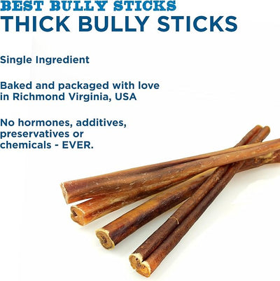 Best Bully Sticks Thick 12 Inch Bully Sticks for Dogs - 18 Count (Pack of 1) - Long-Lasting Chew, Natural, Grass-Fed Beef, Single Ingredient, Grain and Rawhide Free Dog Treats - Large Breeds