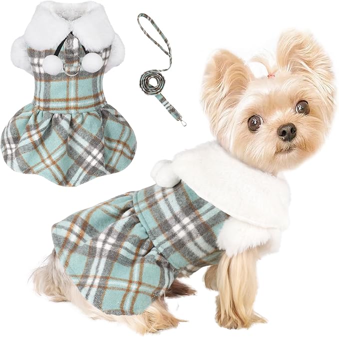 Dog Sweater with Leash Set Plaid Fleece Dog Clothes for Small Dogs Girl Boy Winter Pet Dress Cold Weather Coat Fall Sweater for Chihuahua Yorkie Cat Puppy Costumes (Turquoise, Medium)