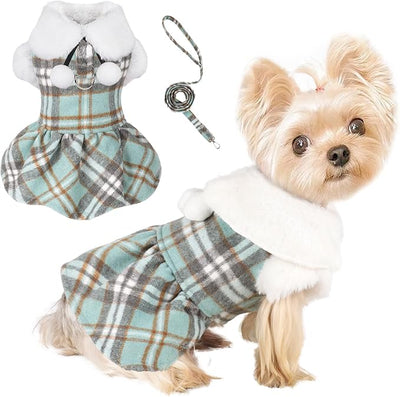 Dog Sweater with Leash Set Plaid Fleece Dog Clothes for Small Dogs Girl Boy Winter Pet Dress Cold Weather Coat Fall Sweater for Chihuahua Yorkie Cat Puppy Costumes (Turquoise, X-Small)