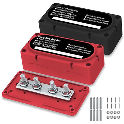 Heavy Duty Bus Bar 300A 12V Power Distribution Block with 5/16" (M8) 4-Posts Terminals Block with Cover for Automotive, Marine, Battery System (Black & Red)