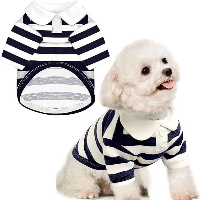 BAEJMJK Cute Dog Shirt Boy Girl Dog Clothes Striped Collared Polo T-Shirt for Small Medium Dogs Cats Soft Breathable Pet Puppy Outfits(Navy Blue,Medium)