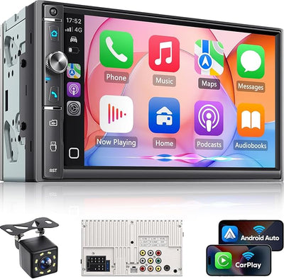 7" Double Din Car Stereo, Wireless Apple Carplay & Android Auto, HD Touchscreen, Bluetooth, 240W, SWC, Subwoofer Output, FM/AM, Mirror Link, Backup Camera, Car Radio Receiver