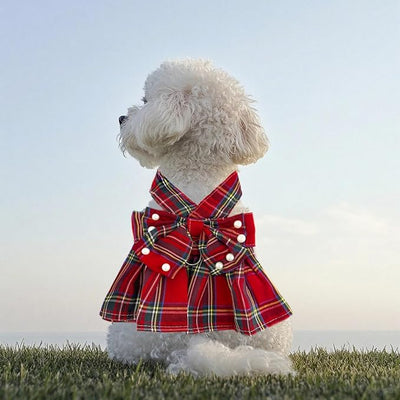 1 Pcs Cute Dog Dress Puppy Clothes with Bownot for Female Girl Small Dogs Outfits Harness for Outdoor Walking Birthday Party Red Plaid Skirt XS