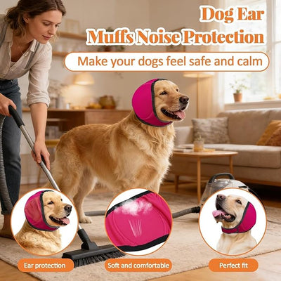 Dog Ears Cover, Dog Ear Muffs Noise Protection, Adjustable No Shake Ear Wrap Comfortable Quiet Dogs Calming Hood Blow Drying Headband Wraps (Fuchsia, Medium(Head Circle:14"-19"))