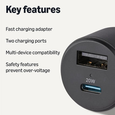 Amazon Basics Fast-Charging Car Charger, 1 USB-C (20W) + 1 USB-A (12W), 32W, with 3-Ft Cable, Black