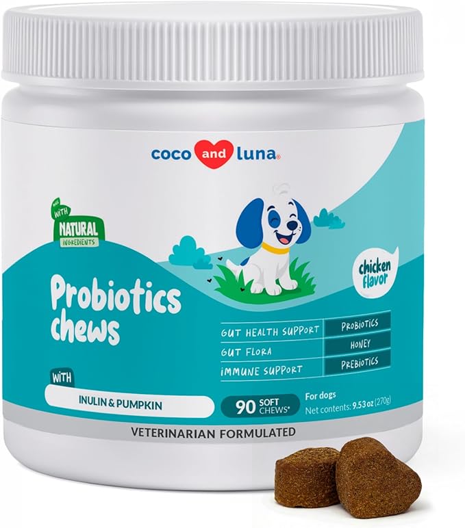 Probiotics for Dogs 90 Soft Chews - Digestive, Gut & Diarrhea | Vet-formulated probiotic with multiple strains. Supports gut health, immune function & relieves diarrhea & digestive issues.
