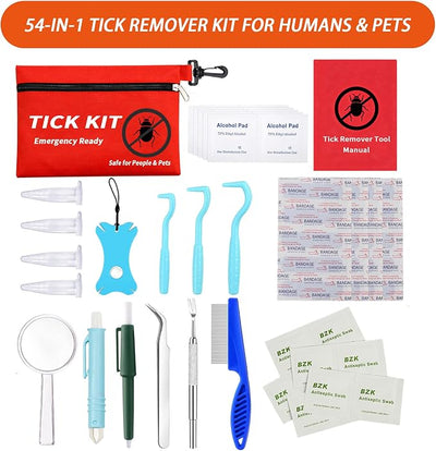 54-in-1 Tick Removal Tool Kit for Humans, Dogs, Cats, Stainless Steel Tick Tweezers, Tick Nippers, Tick Hooks, Tick Twisters, Tick Key, Flea Comb and Waterproof Travel Case for Hiking Camping Travel
