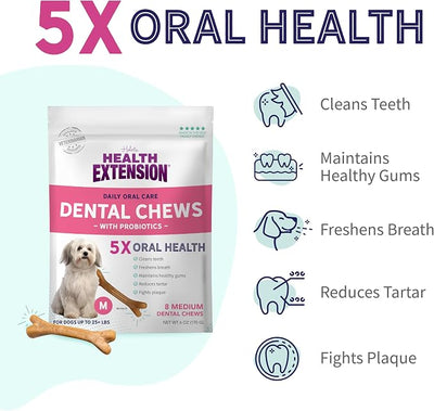 Health Extension Probiotic Dental Bones for Dogs, 8 Medium Bones, Cleans Teeth, Healthy Gums, Freshens Breath, Training or Reward, 6 oz Bag (Pack of 2)