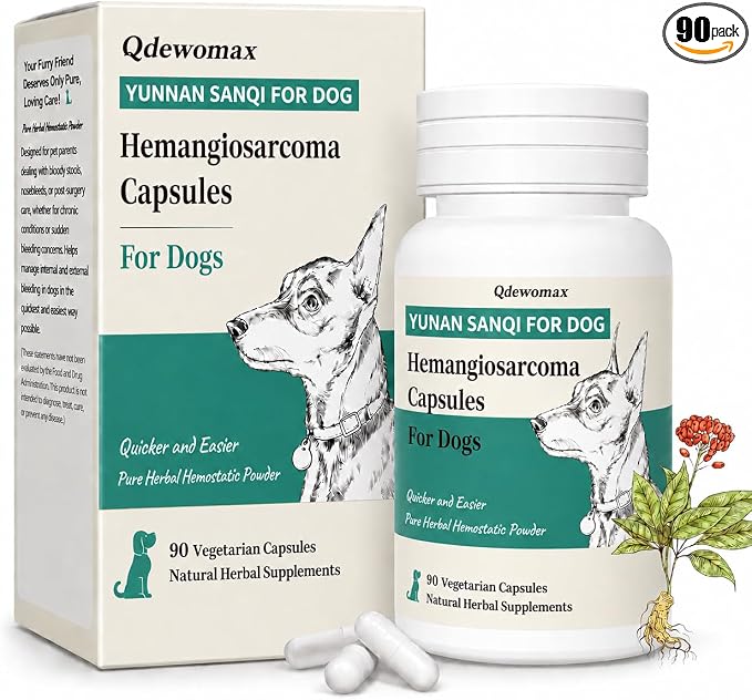Yunan Sanqi Hemostatic Capsules for Dogs, for Hemangiosarcoma, Hemoabdomen, Pericardial Effusion, Cancer Bleeding, Severe Bruising, Ulcer-Related Bleeding