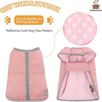 Queenmore Dog Winter Coat, Fleece Puffer Dog Down Vest, Cold Weather Pet Jacket for Dogs, Waterproof Reflective Reversible Dog Sweater Clothes for Small, Medium and Large Dogs (Light Pink, S)
