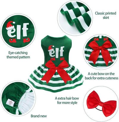 CuteBone Elf Dog Dresses Velvet Holiday Small Dogs Clothes Onesie Pet Apparel Girl Puppy Skirt with Bow Hair Rope