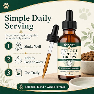 Pawsy Parasite Cleanse Drops, Botanical Blend, Supports Daily Digestive Balance, Duck-Flavored Liquid Drops for All Breeds and Life Stages, 2 fl oz
