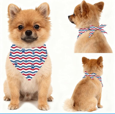 4th of July Dog Bandana, Patriotic Paw Print Pet Triangle Scarf for Independence Day Party Outfit, American Flag Wavy Stripe Neckerchief for Small Medium Dogs, Puppy Gift