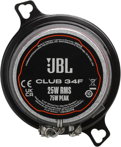 JBL Club 34F - 3-1/2" (87mm) Two-Way Car Speaker, 75 Watts Peak, 25 Watts RMS, Sensitivity (@ 2.83V): 89dB, Frequency Response: 90Hz – 20kHz, Nominal Impedance: 3.0 ohms
