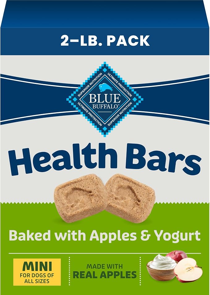 Blue Buffalo Mini Health Bars Apples & Yogurt Crunchy Dog Biscuits, Bite-Sized for Training, Oven-Baked with Real Apples & Natural Ingredients, Healthy Dog Treats, Box 2 lbs.